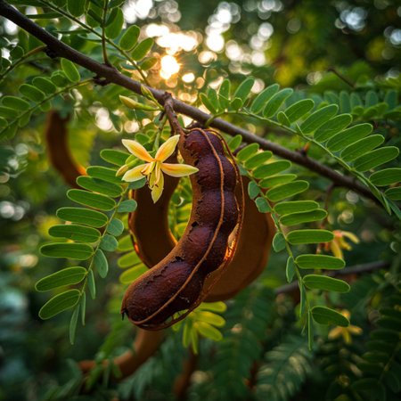 Tamarind tree with ripe tamarind fruits and yellow flowerの素材