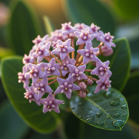 Close up of pink Ixora flower with green leaf background.の素材