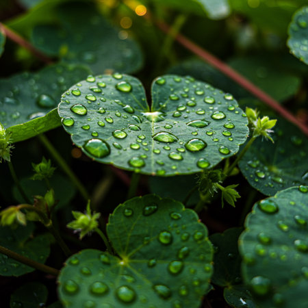Water drops on green leaves after rain in the morning. Natural background.の素材