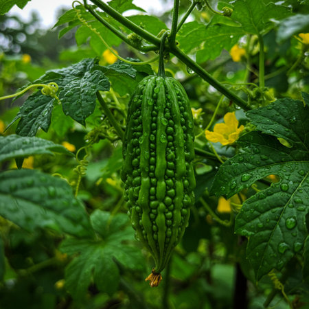 Bitter melon or bitter gourd growing in the gardenの素材