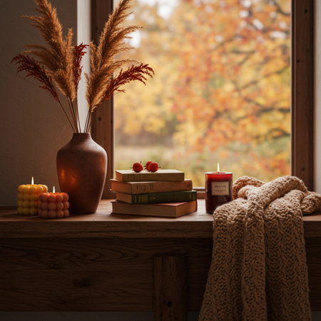 Books, candles and autumn leaves on the windowsill, cozy home interiorの素材