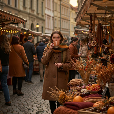 Young woman with cup of hot drink at Christmas market in Riga, Latvia.の素材