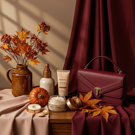 cosmetic products and autumn leaves on table in front of window with curtainsの素材