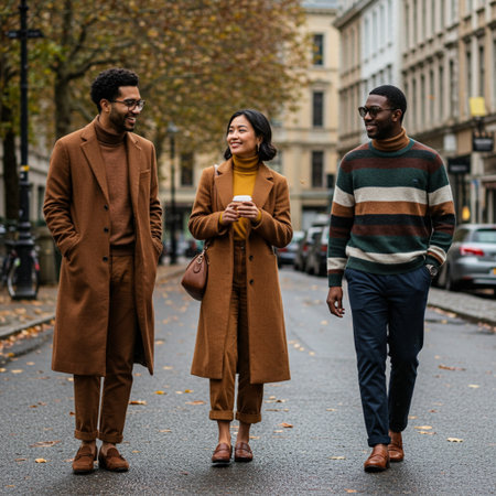 multiethnic friends with coffee to go walking on street in autumnの素材
