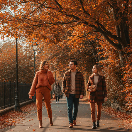 Group of friends walking in autumn park. Happy young people spending time together.の素材