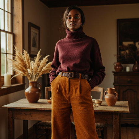 Stylish african american woman in knitted sweater and trousers posing at home.の素材