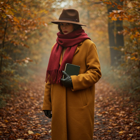Autumn woman in coat and hat with book in the autumn forestの素材