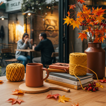 Cup of coffee, books and autumn leaves on wooden table in cafeの素材