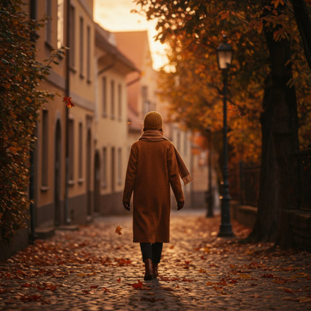 A girl in a brown coat walks along the street in the autumn.の素材