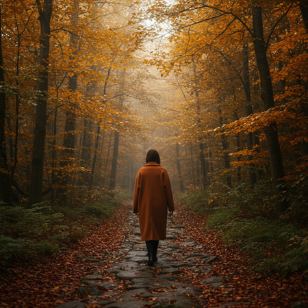 Woman walking in the autumn forest. The concept of walking alone.の素材