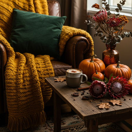 Autumn still life with pumpkins, cup of coffee, knitted blanket and autumn decorの素材