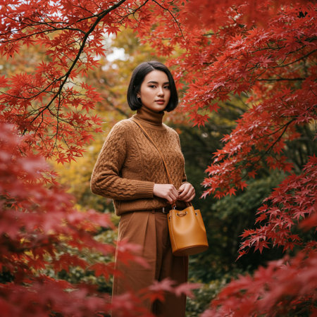 Portrait of a beautiful asian woman in a red autumn parkの素材