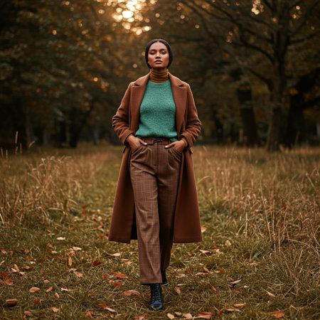 Full length portrait of a beautiful african american woman in brown coat posing in the autumn park.の素材