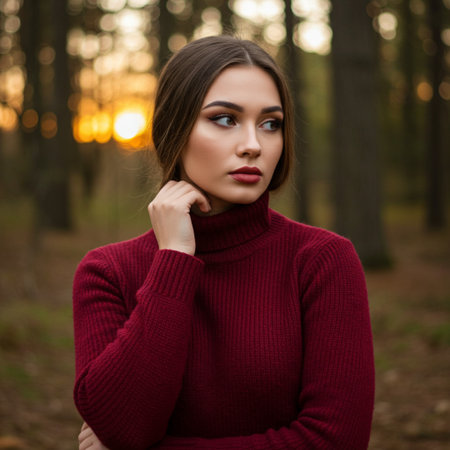 Beautiful young woman in red sweater posing in autumn forest at sunset.の素材