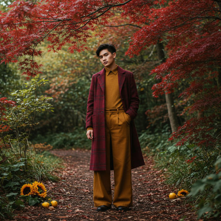 Autumn fashion. Full length portrait of a handsome young man in a coat posing in autumn park.の素材