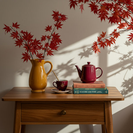 Cup of coffee, books, teapot and red maple leaves on the tableの素材