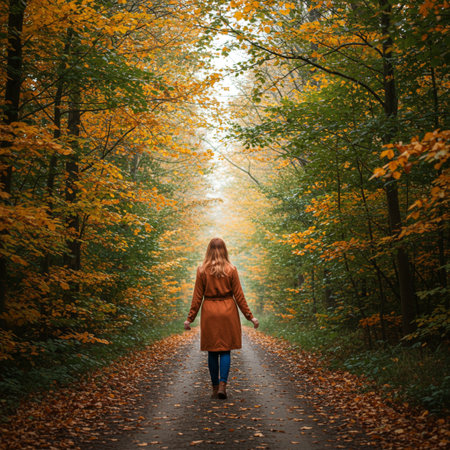 Back view of a young woman walking along a path in the autumn forestの素材