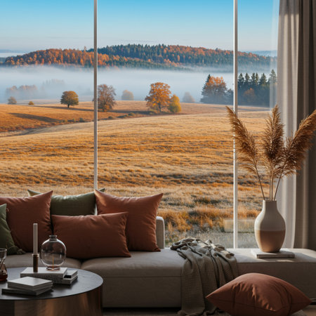 Cozy living room interior with a panoramic window overlooking the countryside. Autumn landscape.の素材