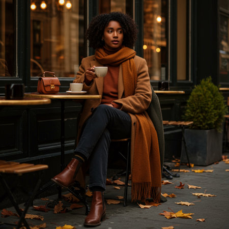 Beautiful african american woman in brown coat with cup of coffee sitting on cafe terrace.の素材