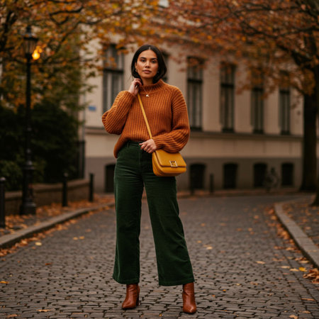Fashionable young brunette woman in a orange sweater and green pants with a handbag on the street.の素材