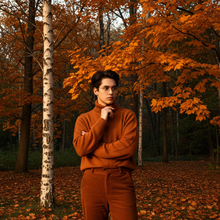 A young man in an orange sweater standing in the autumn forest.の素材