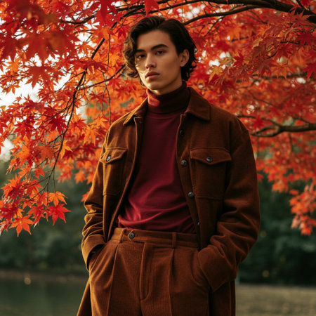 Young handsome man in a brown coat and red turtleneck posing in autumn park.の素材