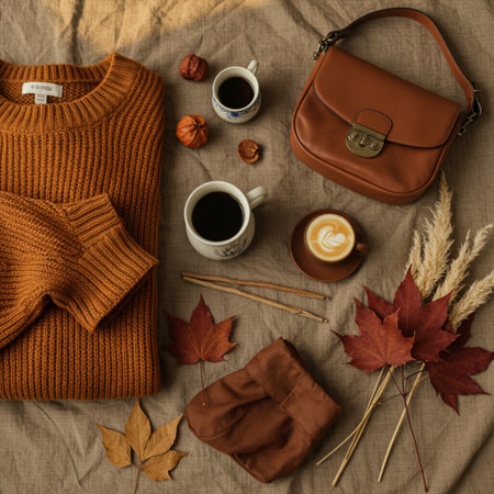 Cozy autumn still life. Cup of coffee, knitted sweater, bag and autumn leaves on a brown background. Flat lay, top viewの素材