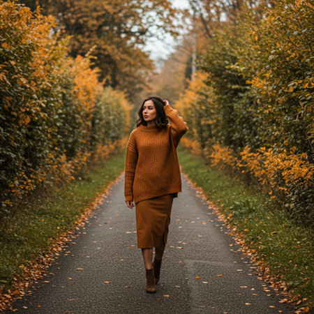 Beautiful brunette girl in a brown sweater walks in the autumn park.の素材
