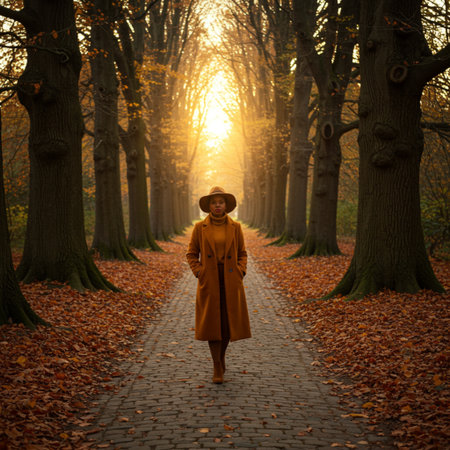 Autumn woman in coat and hat walking in the park at sunsetの素材