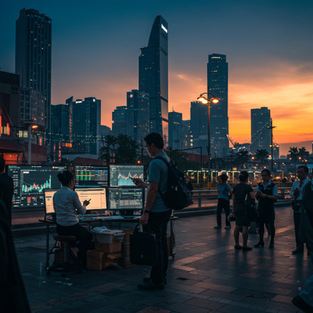Hong Kong stock market financial district at sunset.の素材