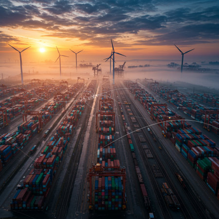 Aerial view of container terminal with freight trains at sunset. Freight transportation concept.の素材