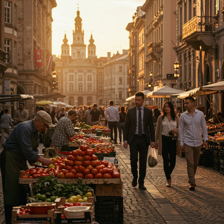 Unidentified people walking and shopping at the Market Square in Krakow, Polandの素材