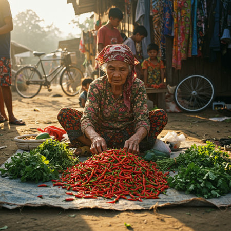 Old woman selling red hot chili peppers on the street market in Indiaの素材