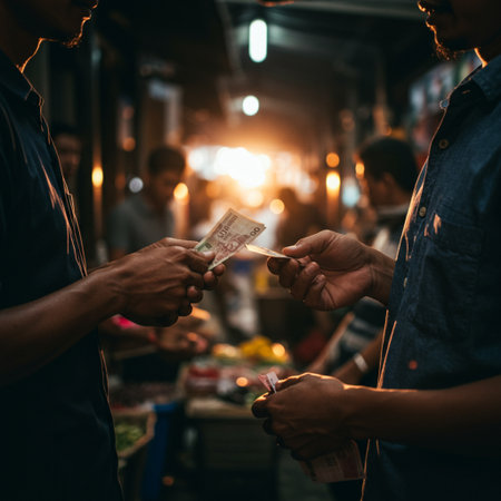 Man hand giving money to customer at night market in Bangkok, Thailandの素材