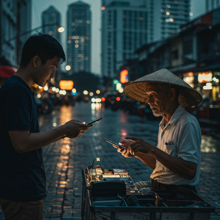 Unidentified asian street vendor using mobile phone in Hong Kong.の素材