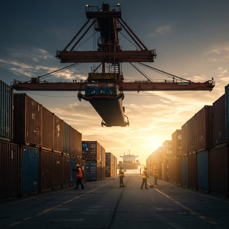 Industrial cargo port with container cranes and workers at sunset.の素材