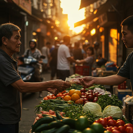 View of unknowns Nepali people selling fruits and vegetables at Thamel street in Kathmandu in the morningの素材