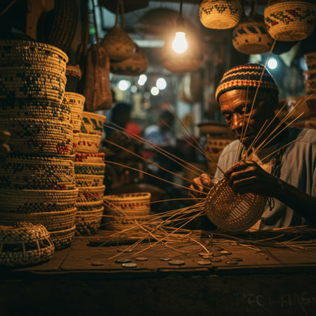 Vietnamese man making a wicker basket at the street marketの素材