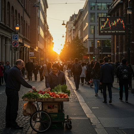 Street vendor selling fresh vegetables at sunset.の素材