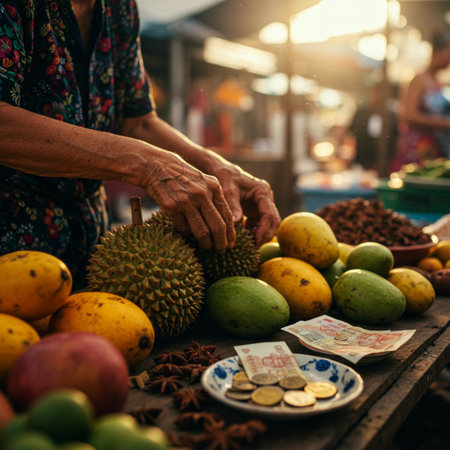 Asian woman selling fruits and vegetables at a street food market in Bangkok, Thailandの素材