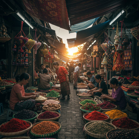 View of unknowns Nepali people selling spices at the street market in Kathmandu in the morningの素材