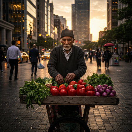 An old man sells vegetables in Manhattan.の素材