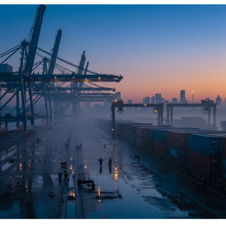 Container terminal and shipyard in the fog at sunset. Freight transportation concept.の素材