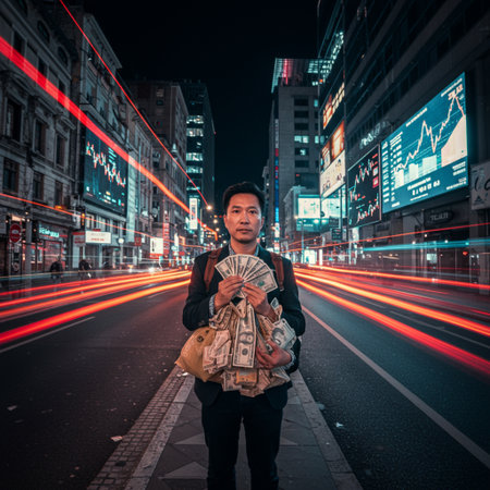Businessman with money in the city at night, Hong Kong.の素材