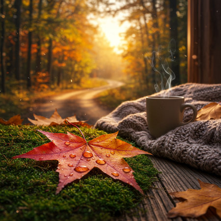 Cup of hot coffee on green moss in autumn forest at sunsetの素材