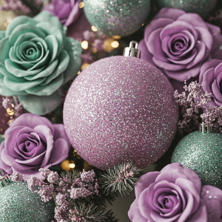 Christmas background with pink and purple flowers and Christmas baubles.の素材