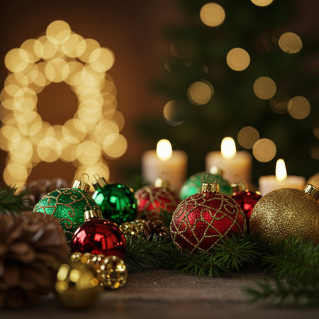 Christmas decoration with candles and fir tree on bokeh background.の素材