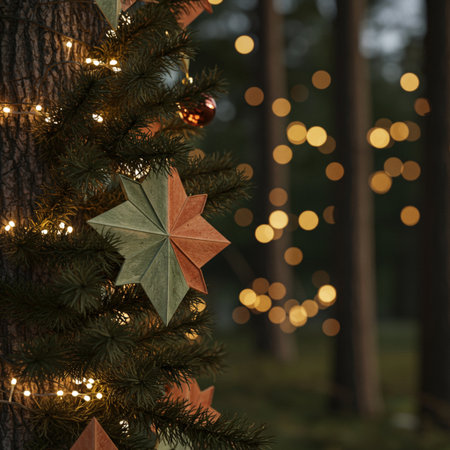 Christmas tree decoration in the forest with bokeh lights and starsの素材