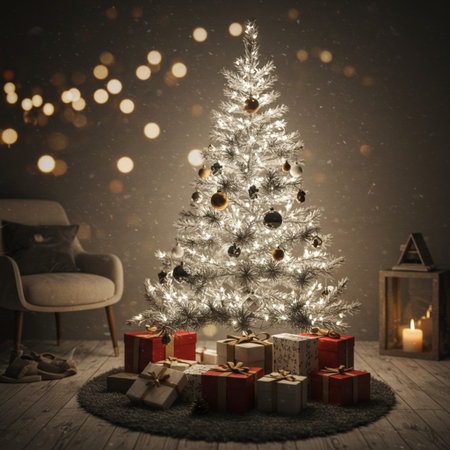 Christmas tree with gifts in the living room. Christmas and New Year concept.の素材