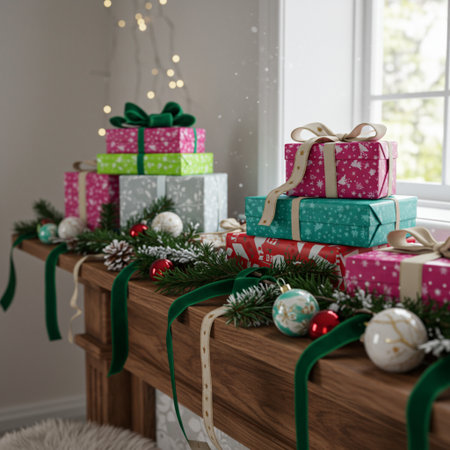 Christmas presents with ornaments on a wooden shelf with a window backgroundの素材